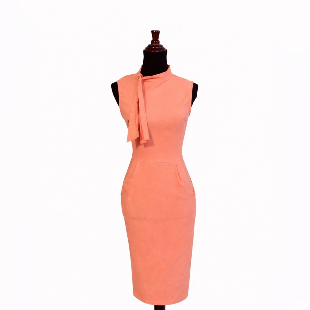 MUXXN Vintage 50s Style Tie Neck Sleeveless Sheath Pencil Dress with Pockets